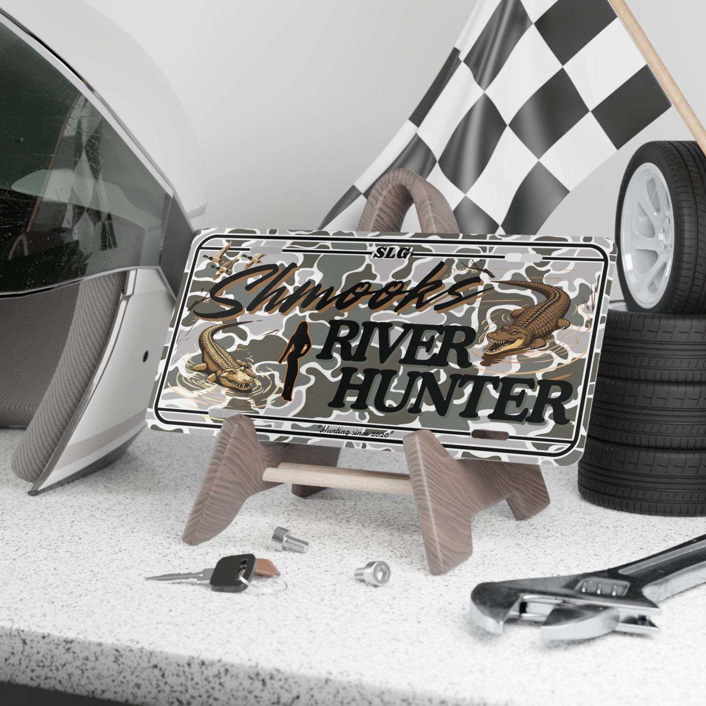 Shmooks Grey Camo "River Hunter" Vanity Plate